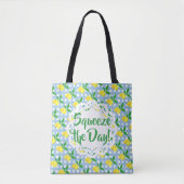 Tote Bag Squeeze The Day Yellow Lemons Blue White Check (Devant)