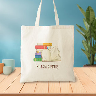 Tote Bag Stack de livres et Open Book Nom personnalisé