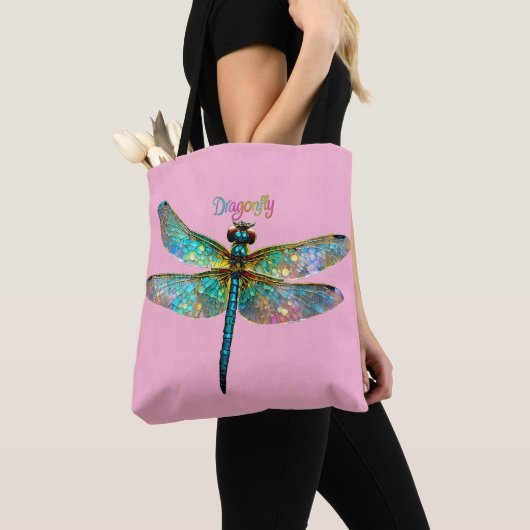 Tote Bag Stained Glass Colorful Dragonfly (De près)