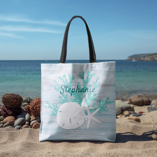 Tote Bag Starfish Beach Sand Dollar Driftwood Aqua