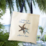 Tote Bag Starfish Beach Wedding Bienvenue<br><div class="desc">Famille Starfish, sac de bienvenue pour mariage à la plage. Fourre-tout de grande taille, avec deux étoiles de mer en marron et bleu, et texte personnalisé pour accueillir les invités à un événement mariage de week-end dans un endroit tropical. Inclure la ville, l'état et / ou le pays, et les...</div>