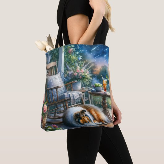 Tote Bag Starlit Garden Porch Sheltie Dream (De près)
