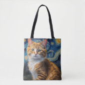 Tote Bag Starry Night Art with a Cat (Devant)