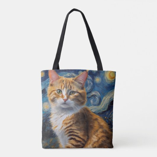Tote Bag Starry Night Art with a Cat (Dos)