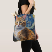 Tote Bag Starry Night Art with a Cat (De près)