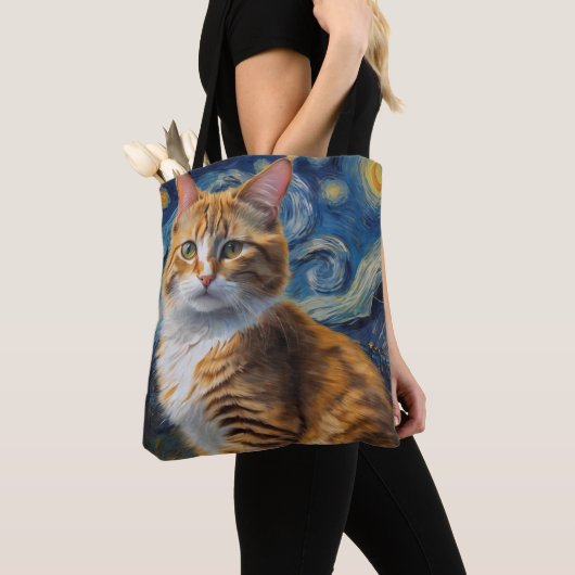 Tote Bag Starry Night Art with a Cat (De près)