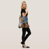 Tote Bag Starry Night Art with a Cat (Sur le modèle)