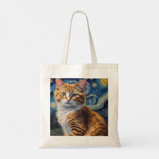 Tote Bag Starry Night Art with a Cat (Dos)