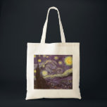 Tote Bag Starry Night by Vincent van Gogh, Vintage Fine Art<br><div class="desc">Starry Night (1889) by Vincent van Gogh is a vintage post impressionism fine art landscape nature painting. A view of a city in a valley at night with the clouds swirling, the stars shining and a beautiful golden yellow crescent moon. It was painted during the day from memory and is...</div>