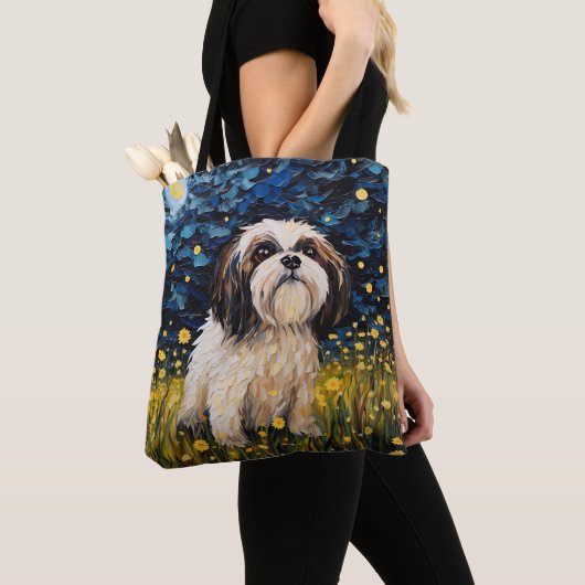 TOTE BAG STARRY NIGHT THEMEME LHASA APSO CHIEN (De près)