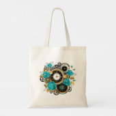 Tote Bag Steampunk Clock and Turquoise Roses on Striped (Dos)