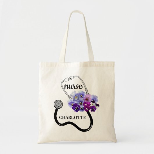 Tote Bag Stethoscope Floral Pansy bleu Infirmière (Devant)
