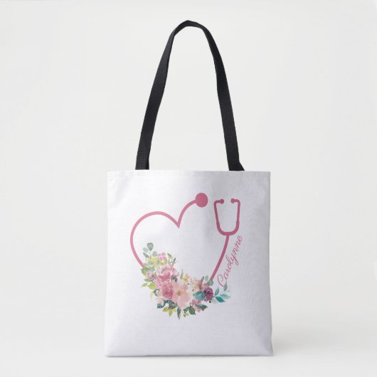 Tote Bag Stéthoscope rose floral Coeur aidant (Devant)