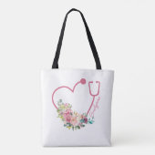 Tote Bag Stéthoscope rose floral Coeur aidant (Dos)