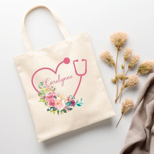 Tote Bag Stethoscope rose Floral Coeur Infirmière Médicale 