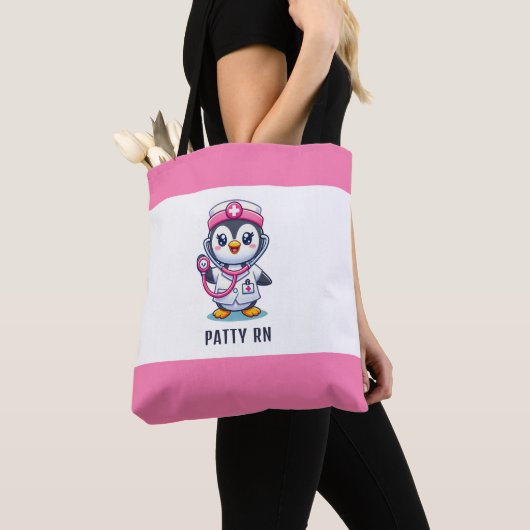 Tote Bag Stethoscope rose Infirmier pinguin mignon personna (De près)