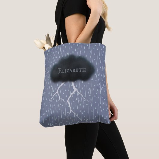 Tote Bag Stormy Day Thunder Cloud & pluie Customisé Bleu (De près)