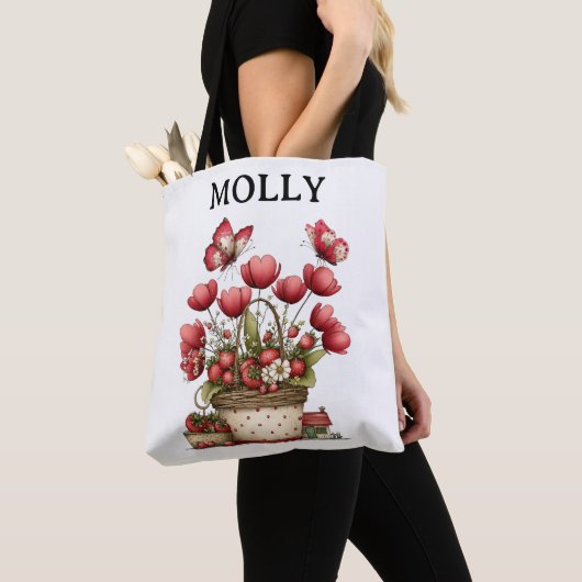 Tote Bag Strawberry Flower Basket with Butterflies and Name (De près)