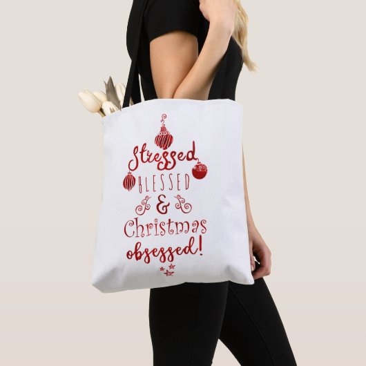 Tote Bag Stressée, Bénie & Obsédée de Noël Rouge Blanc (De près)