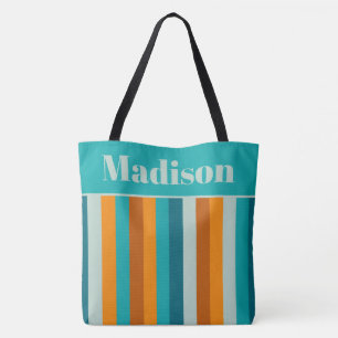 Tote Bag Stripes contemporaines Aqua Orange Personnalisé