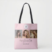 Tote Bag Studio de coiffure photo Logo Script Rose Pâle (Devant)