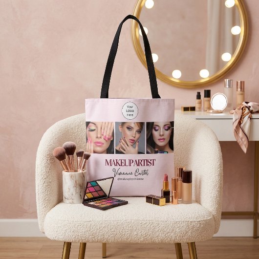 Tote Bag Studio de Maquillage Photo Logo Script Rose Pâle