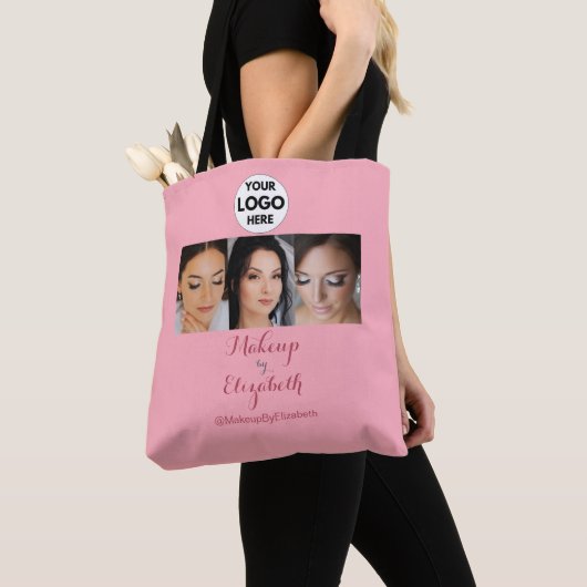 Tote Bag Studio de Maquillage Photo Logo Script Rose Pâle (De près)