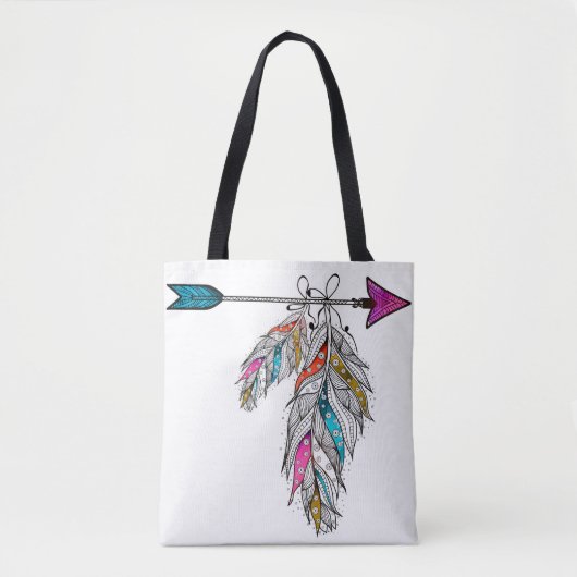 Tote Bag style boho, plumes ornementales suspendues (Devant)