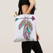 Tote Bag style boho, plumes ornementales suspendues (De près)