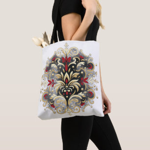 Tote Bag Style damassé en rouge, or et noir