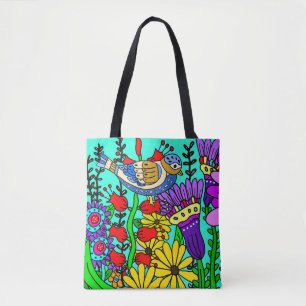 Tote Bag Style d'art populaire coloré avec oiseaux et fleur