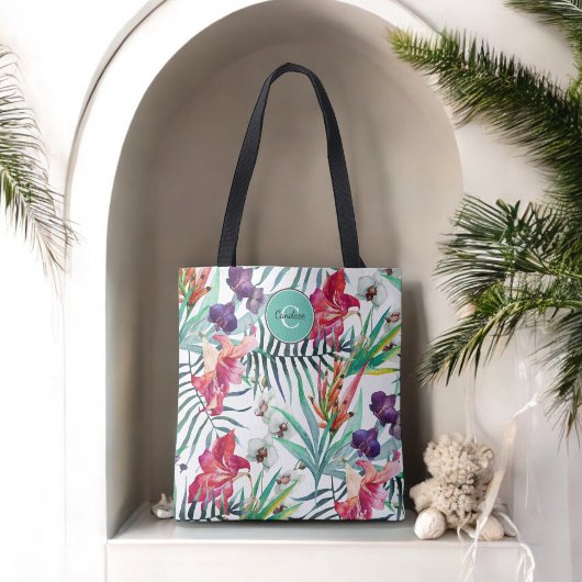 Tote Bag Style insulaire Tropical Floral Motif et Monogramm
