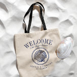 Tote Bag Style nautique Vintage SeaShell Accueil personnali<br><div class="desc">Un ensemble unique de sacs fourre-tout personnalisés adaptés à votre style de plage ou à votre mariage de destination. Il comporte un texte de bienvenue suivi du nom de l'emplacement ou de la personne qui reçoit le sac. Sous ceci est un coquillage de style vintage dans la marine de couleur....</div>