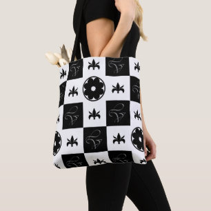 Tote Bag Style noir et blanc À damiers motif floral