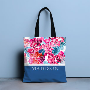 Tote Bag Style rose floral motif chic Nom personnalisé