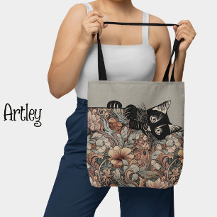 Tote Bag Style vintage Art Nouveau Jouer Chat Noir Floral
