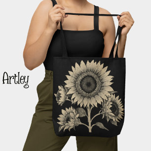 Tote Bag Style Vintage foncé Fleur de soleil blanc noir Bot