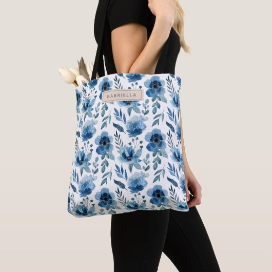 Tote Bag Stylish Navy Blue Watercolor Flowers Nom (De près)