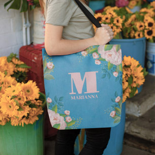 Tote Bag Stylish Vintage Pink Rose Monogram Simple Floral 