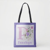 Tote Bag Stylo Monogramme & Nom Penelope avec Fleurs (Devant)