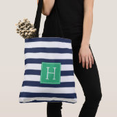 Tote Bag Stylo Navy Bleu Stripes et Monogramme Vert (De près)