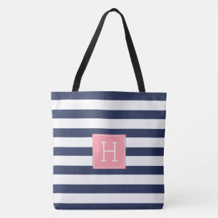 Tote Bag Stylo Navy Blue Stripes et Monogramme de corail