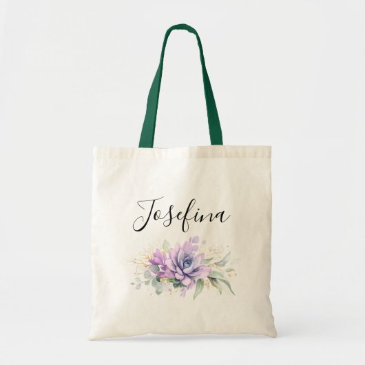 Tote Bag Succulentes et feuillage doré Nom élégant en écrit (Devant)