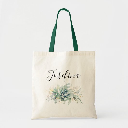 Tote Bag Succulents et or Greenery Elegant Script Nom (Devant)