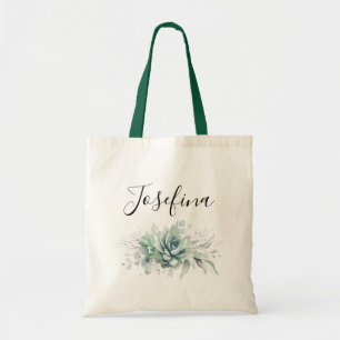 Tote Bag Succulents et verdure argentée Nom de script éléga