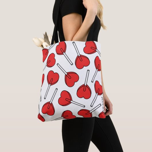 Tote Bag Sucettes rouges, sucettes en forme de cœur, motif (De près)
