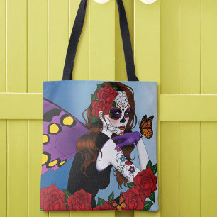 Tote Bag Sucre Violet Crâne Fée Roses Rouges Monarches Goth
