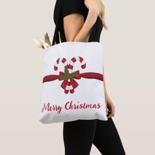 Tote Bag Sucres de canne Festif Rouge Et Blanc Bow Et Texte (De près)