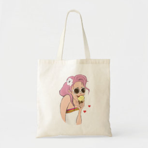 Tote Bag Summer Beach Mode Illustration Girl Ice Cream