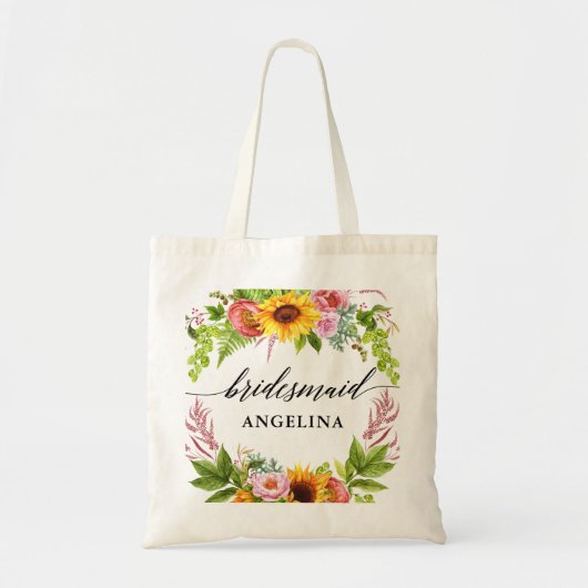 Tote Bag Sunflower Boho Floral Calligraphie Bridesmaid (Devant)